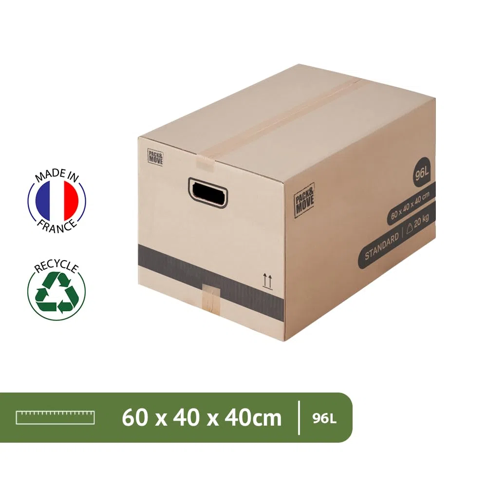 Pack and Move - Lot 20 cartons déménagement L larges - 40 x 60 x 40 cm - Poignées renforcées - 1 adhésif offert