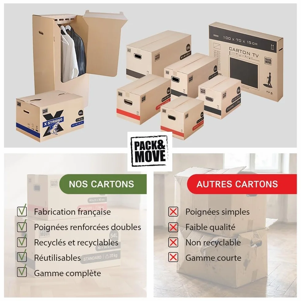 Pack and Move - Lot 20 cartons déménagement L larges - 40 x 60 x 40 cm - Poignées renforcées - 1 adhésif offert