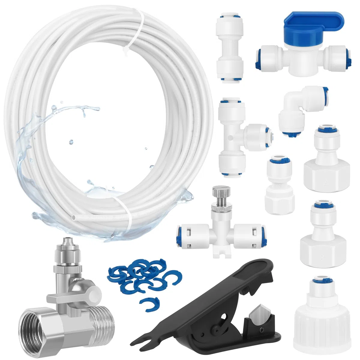 15m Tuyau D'alimentation en Eau Universel, Connecteur de Tuyau de Réfrigérateur 1/4" 6,35mm, Kit de Connecteur de Tuyau de Réfrigérateur, Kit de Connexion pour réfrigérateur,12 Pezzi