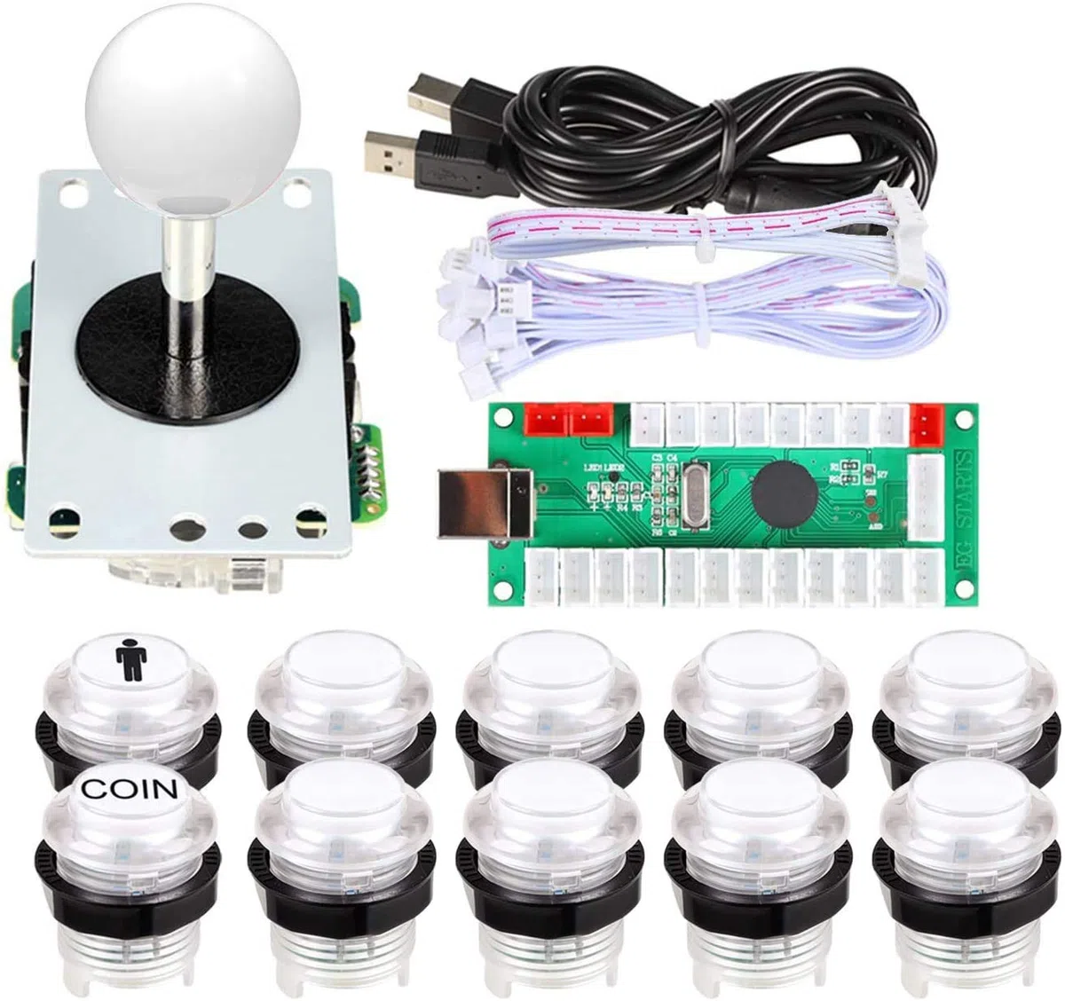 EG STARTS 1 joueur USB LED Encoder pour PC Jeux 8 Way Stick Contrôleurs + 10x LED Boutons Poussoirs Illuminés Pour Arcade Joystick DIY Kits Pièces Mame Raspberry Pi 2 3 Jeux Blanc