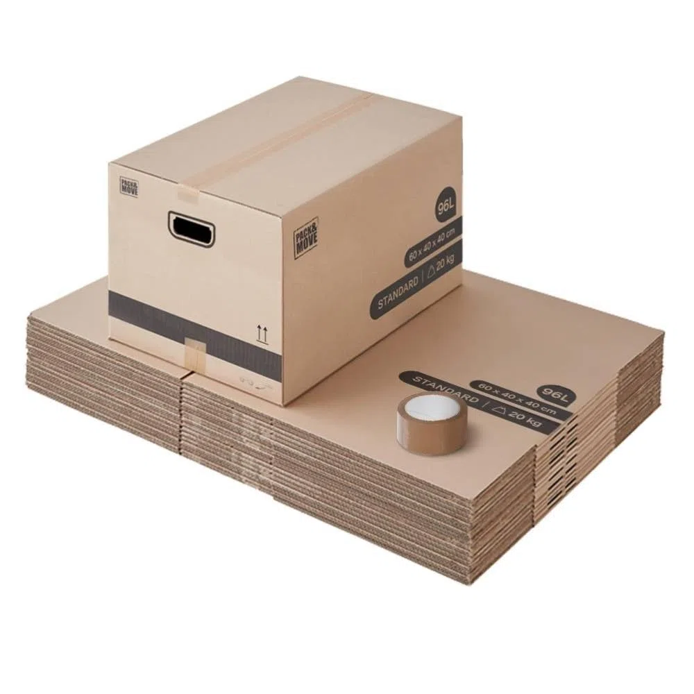 Pack and Move - Lot 20 cartons déménagement L larges - 40 x 60 x 40 cm - Poignées renforcées - 1 adhésif offert