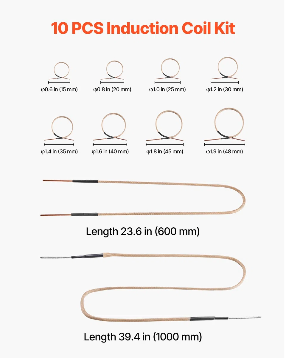 VEVOR Bobines de Chauffage par Induction Magnétique 10PCs, 8 Bobines avec 1 en U et 1 à Formage Libre, Accessoires de Chauffage à Induction pour Retirer les Boulons et Écrous Rouillés, Entretien